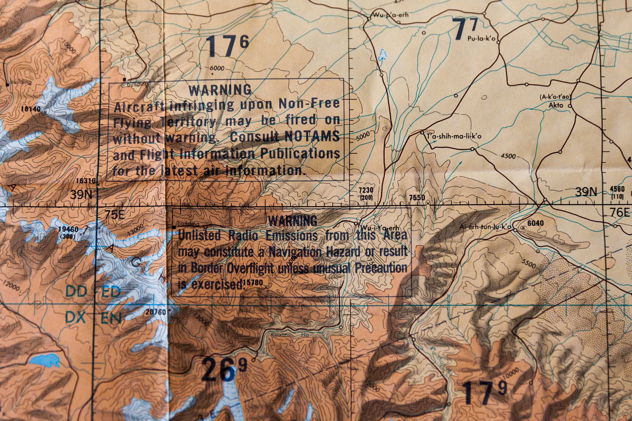 Cold War Pilot Chart found in a hunting camp in the Pamirs. Photo: Martin Saxer, 2015.